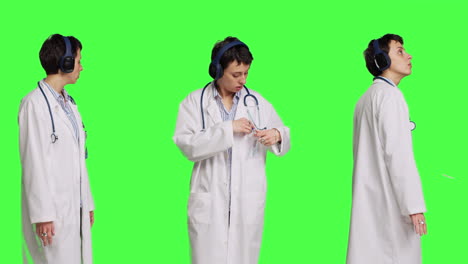 Joyful-physician-dancing-around-in-the-studio-with-music-on-headset